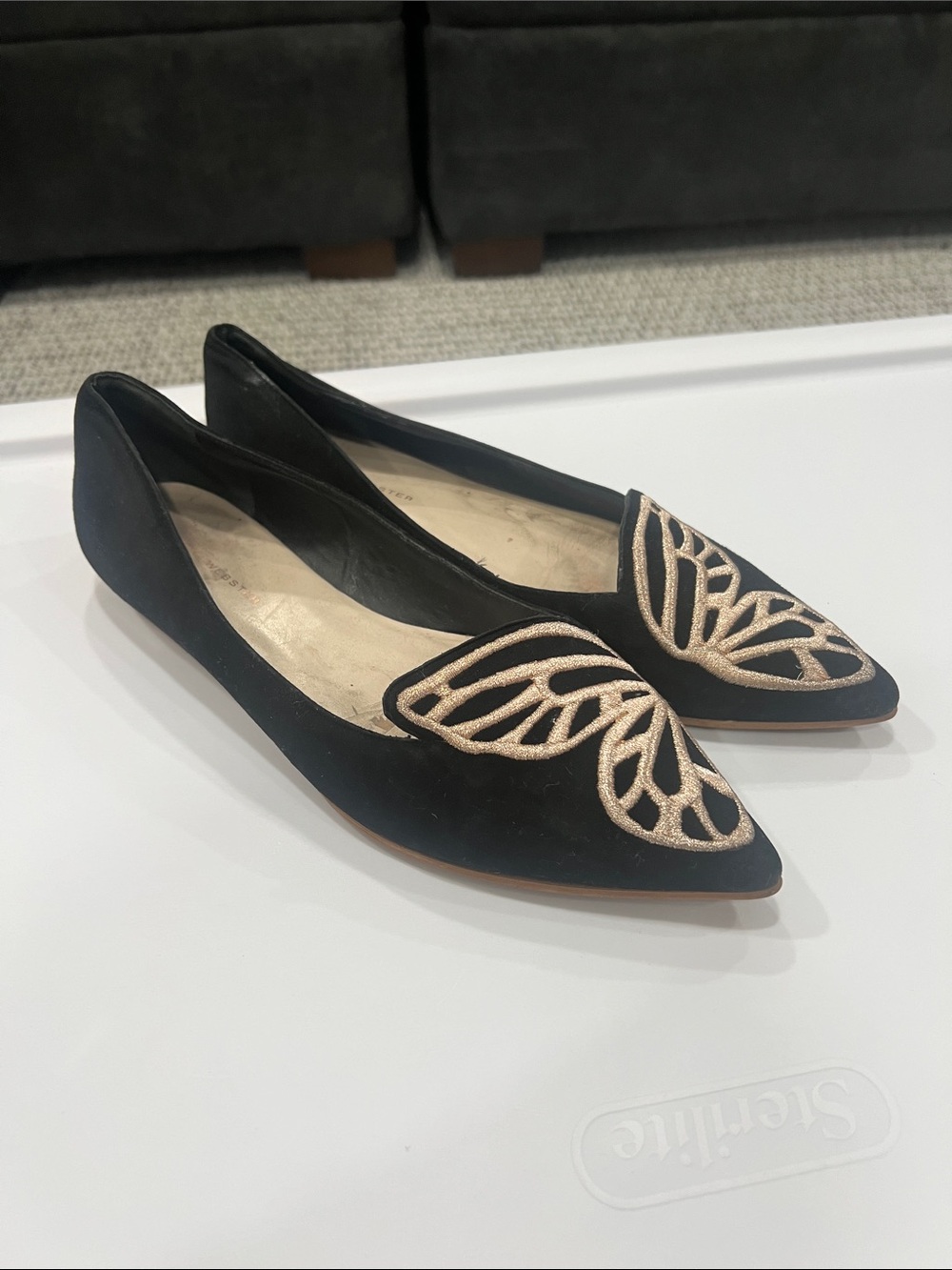 Sophia Webster Black Pointed Flats with Gold Metallic Butterfly